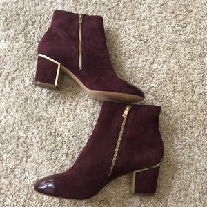 Calvin Klein purple eggplant suede gold booties